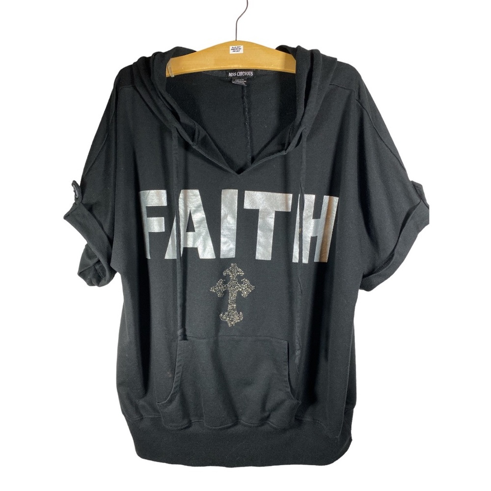 Womens' "Faith" and Embellished Cross Short Sleeve Low V-Neck Hoodie